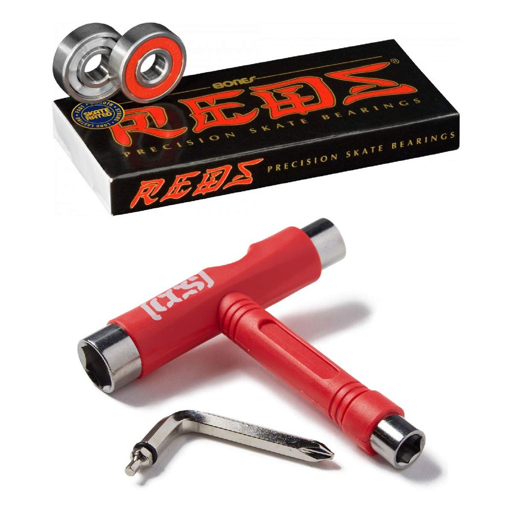 Bones Reds Bearings with CCS Skateboard Tool (Bones Reds W/Red CCS Skate Tool)