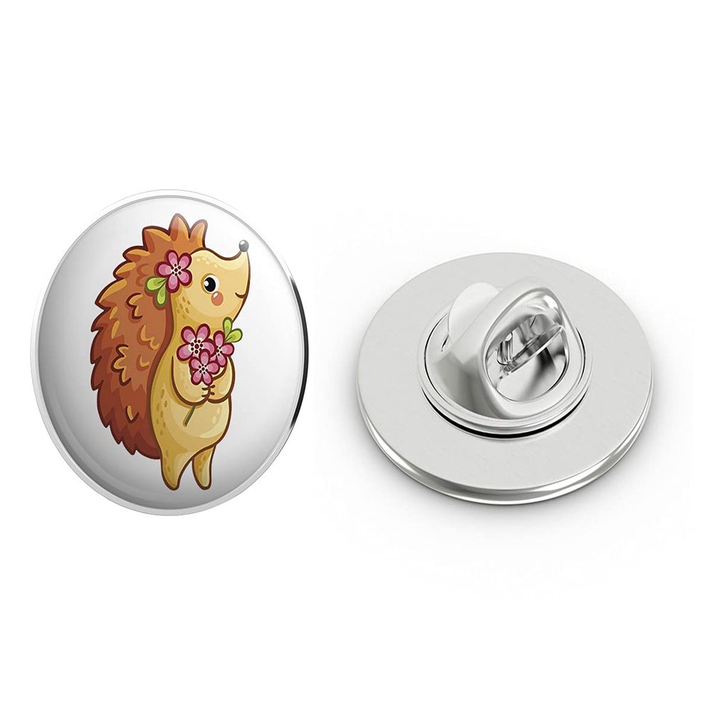 Adorable Valentine Porcupine Hedgehog with Flowers Round Metal 0.75" Lapel Pin Hat Shirt Pin Tie Tack Pinback
