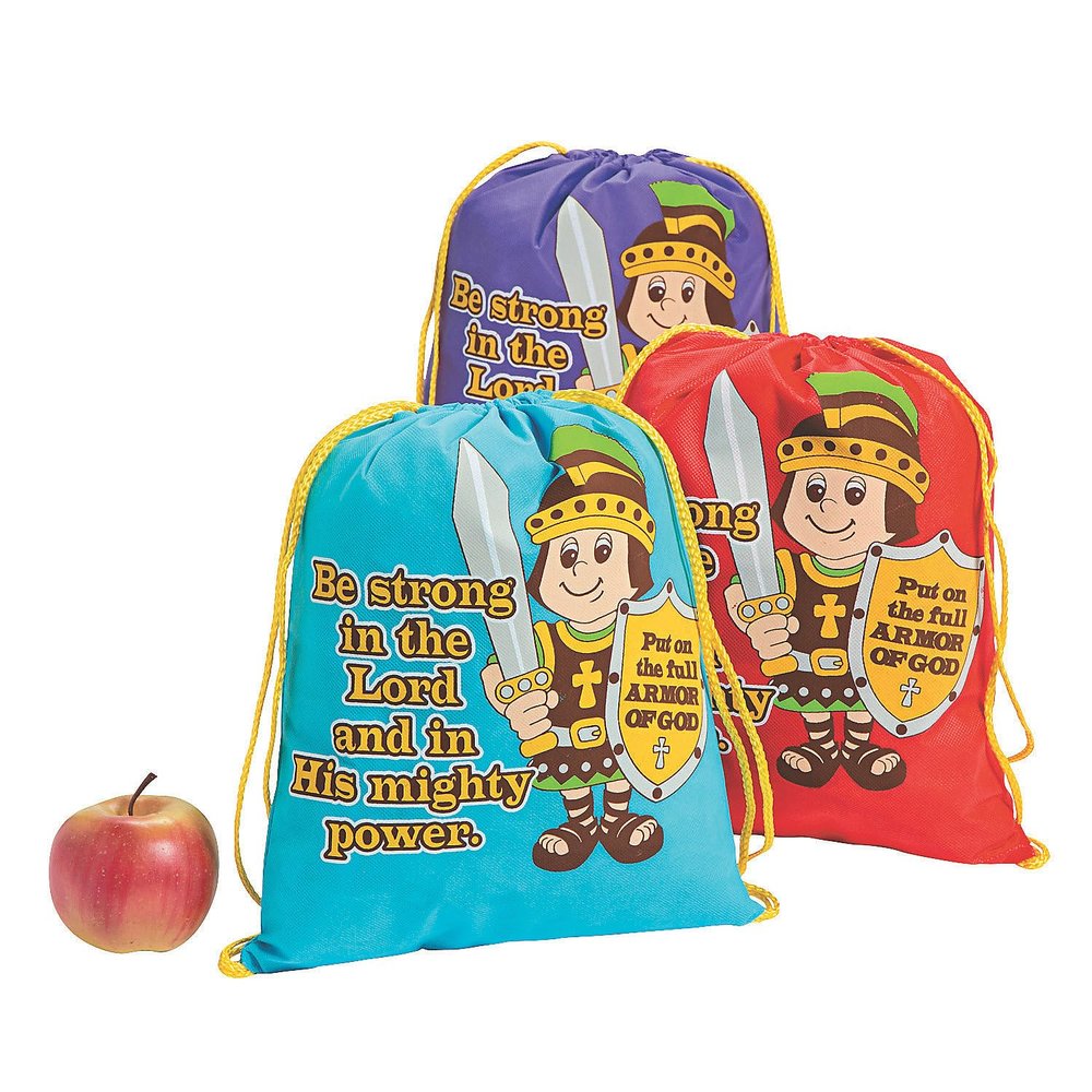 Fun Express Armor Of God Drawstring Backpack - Apparel Accessories - Totes - Novelty Backpacks - VBS Vacation Bible School Supplies/Decor - 12 Pieces