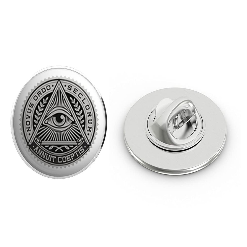 All Seeing Eye in Triangle Crest Black Grey Round Metal 0.75" Lapel Pin Hat Shirt Pin Tie Tack Pinback