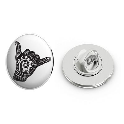 Pretty Black and White Shaka Tribal Pattern Hand Silhouette Round Metal 0.75" Lapel Pin Hat Shirt Pin Tie Tack Pinback