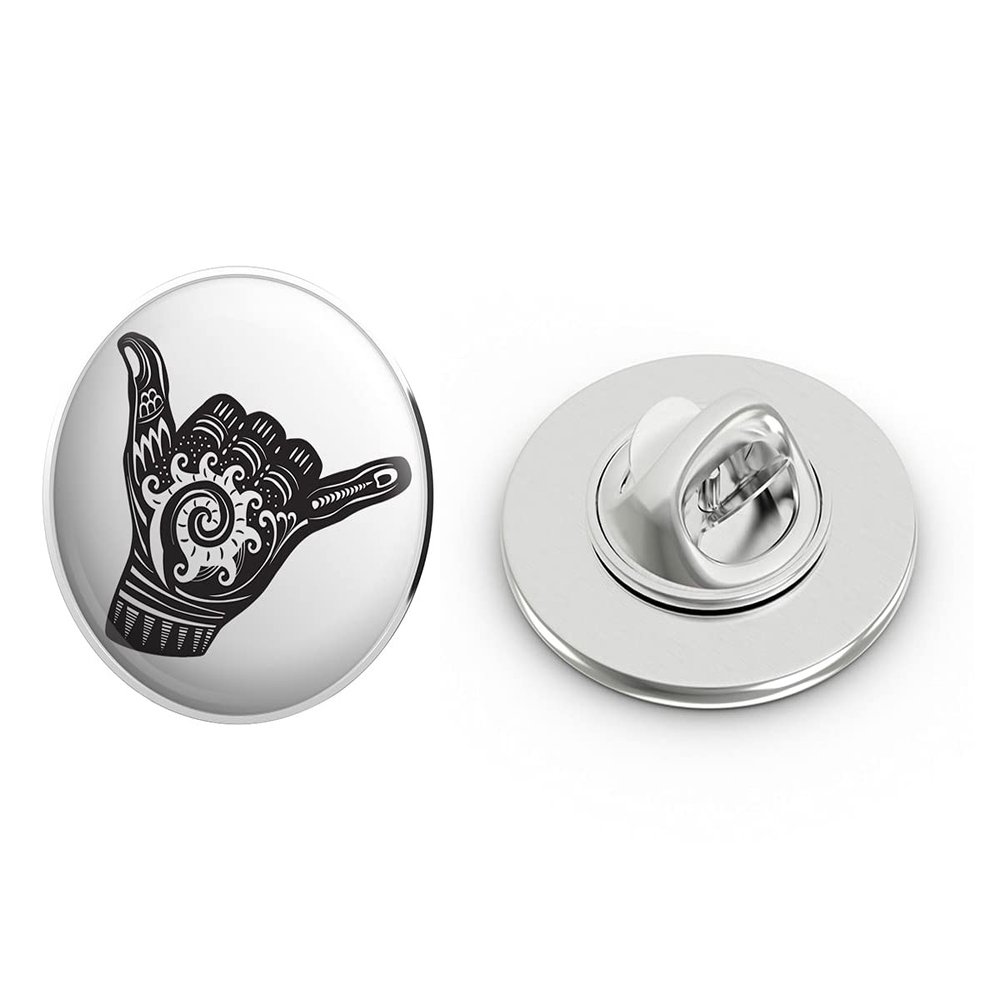 Pretty Black and White Shaka Tribal Pattern Hand Silhouette Round Metal 0.75" Lapel Pin Hat Shirt Pin Tie Tack Pinback