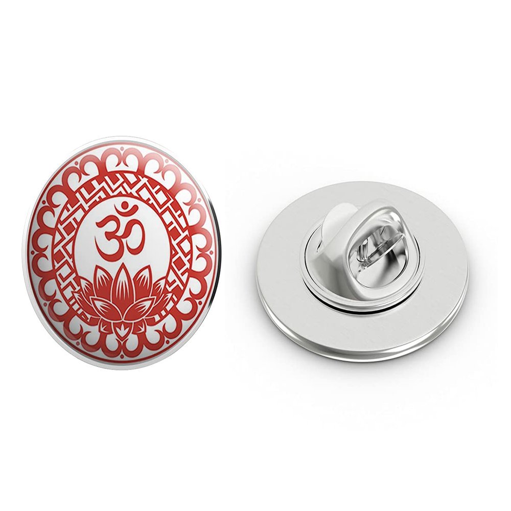 Red Orange Lotus Peace Ohm Om Yogi Yoga Icon Round Metal 0.75" Lapel Pin Hat Shirt Pin Tie Tack Pinback