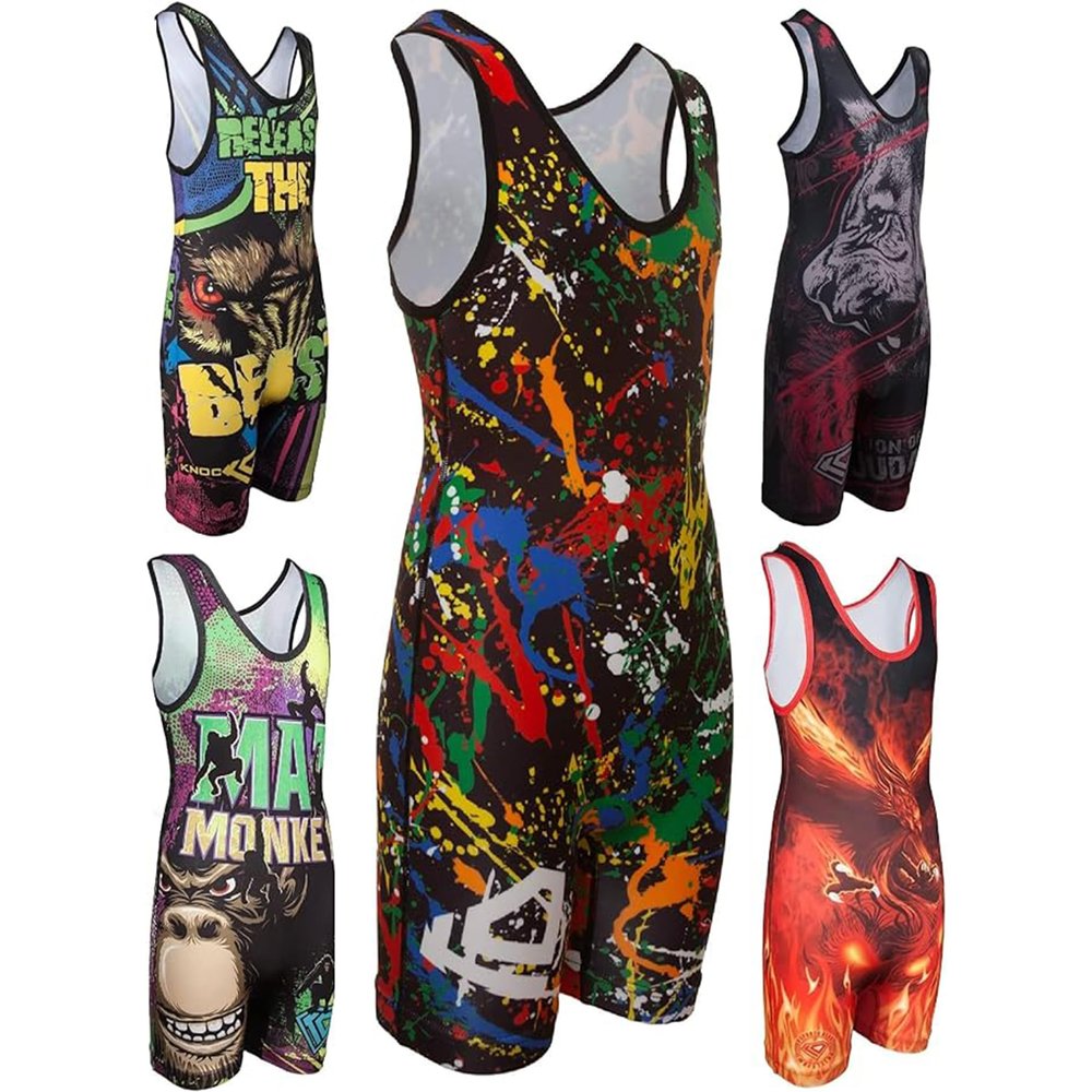 KO Sports Gear Unisex Wrestling Singlet for Adult Wrestlers - Wrestling Singlet for Men & Women - Bold Durable Uniform, Stretchy Breathable Material - Paint Splatter, Adult Small