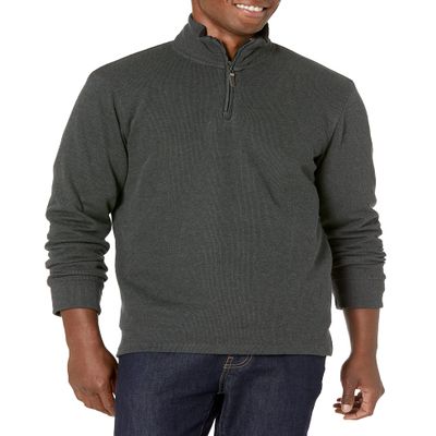 Amazon Essentials Men's Quarter-Zip French Rib Mock Neck Sweater, Casual Wear, Charcoal Heather, Large