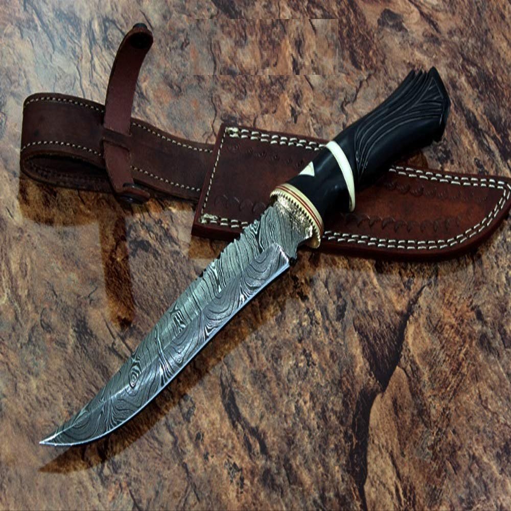 13 Inches Long Hand Carved Camel Bone Round Scale Skinning Knife, Custom Made Hand Forged Damascus Steel Hunting Knife with 7.5" Blade, Cow Hide Leather Sheath with Belt Loop (Bull Horn)