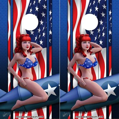 Speed Demon Hot Rod Shop Cornhole Board Wraps ~ Bombshell Betty Cornhole Wraps Blue Diamond Plate American Flag Background ~ Laminated Vinyl Graphic Decal Sheets (Set of 2) CHB
