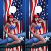 Speed Demon Hot Rod Shop Cornhole Board Wraps ~ Bombshell Betty Cornhole Wraps Blue Diamond Plate American Flag Background ~ Laminated Vinyl Graphic Decal Sheets (Set of 2) CHB view 1