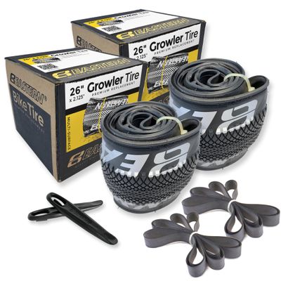 Growler Tire 26 x 2.125 Inch Tire Replacement Kits with or Without Inner Tubes. Includes Tools. Fits Bicycles with 26 x 1.75 or 26 x 2.125 Rim or Wheels. (Silver Logo, 2 Pack Without Tubes)