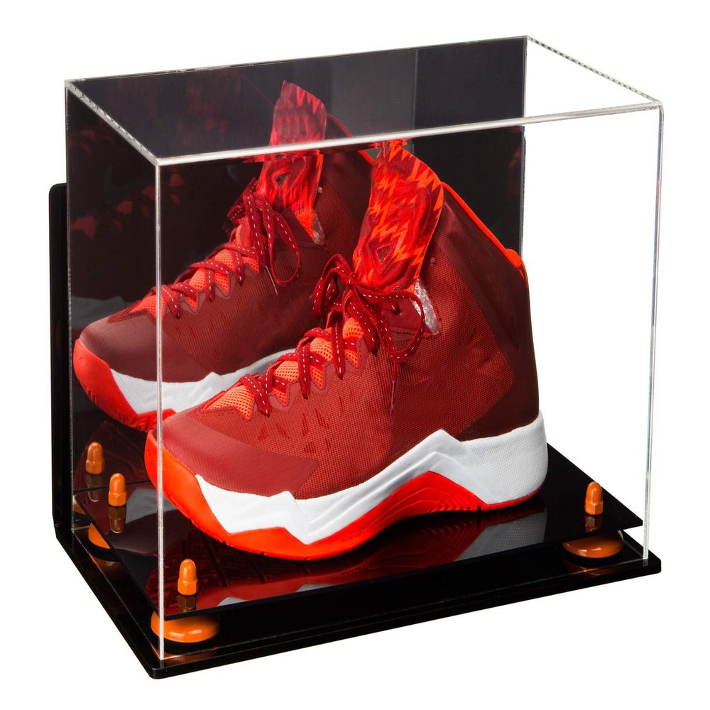 Better Display Cases Acrylic Large Shoe Display Case for Basketball Shoe Soccer Cleat Football Cleat with Mirror, Wall Mount and Orange Risers (A013-OR)