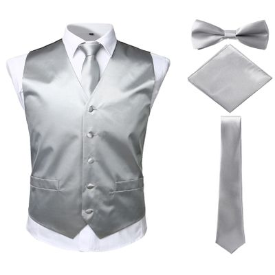 ZEROYAA Men's Solid 4pc Shiny Satin Vest Necktie Bowtie Pocket Square Set for Suit or Tuxedo ZLSV12 Silver Medium