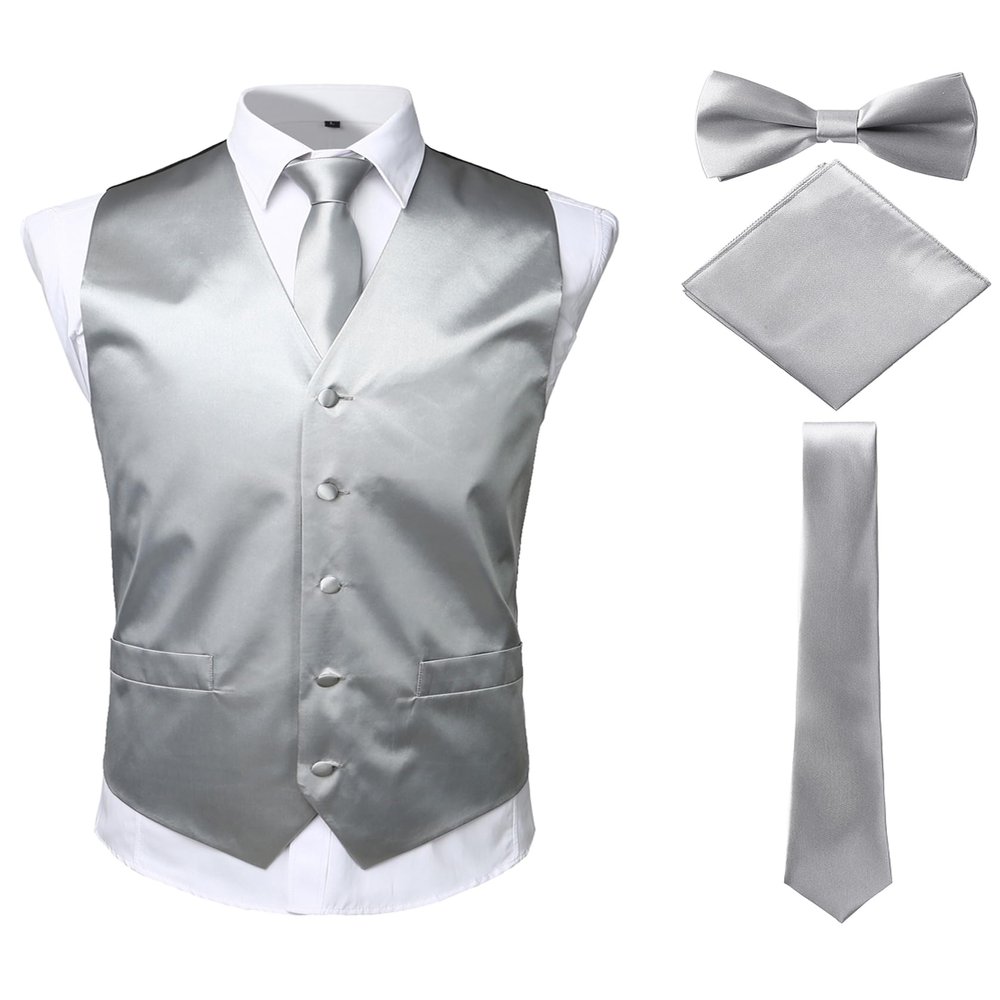 ZEROYAA Men's Solid 4pc Shiny Satin Vest Necktie Bowtie Pocket Square Set for Suit or Tuxedo ZLSV12 Silver Medium