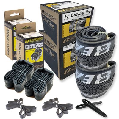 Growler Tire 26 x 2.125 Inch Tire Replacement Kits with or Without Inner Tubes. Includes Tools. Fits Bicycles with 26 x 1.75 or 26 x 2.125 Rim or Wheels. (Silver Logo, 2 Pack with Tubes)