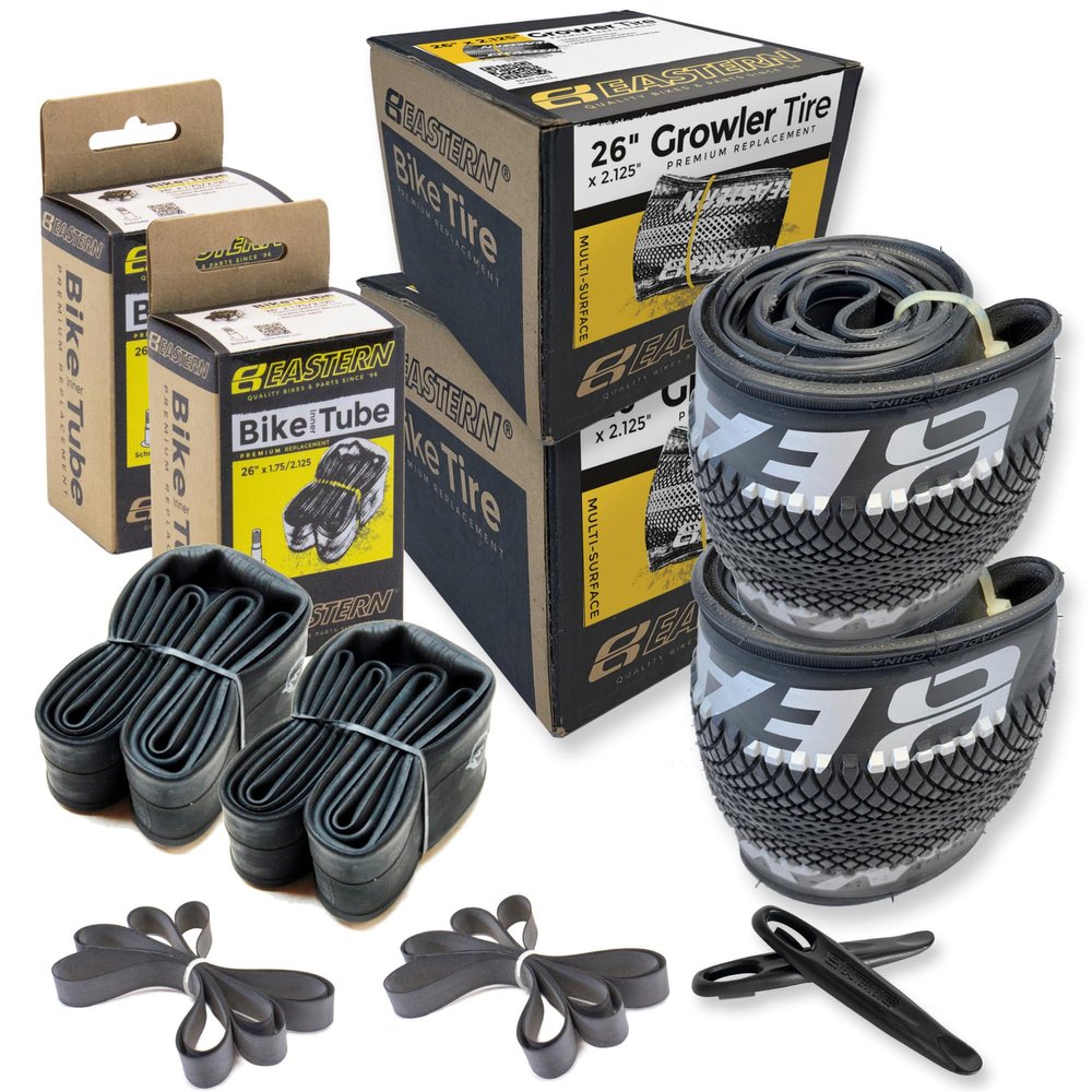 Growler Tire 26 x 2.125 Inch Tire Replacement Kits with or Without Inner Tubes. Includes Tools. Fits Bicycles with 26 x 1.75 or 26 x 2.125 Rim or Wheels. (Silver Logo, 2 Pack with Tubes)