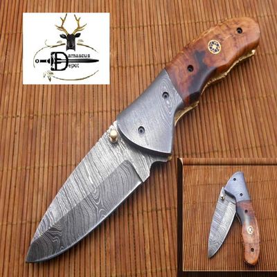 7" Long Damascus Steel Folding Knife with Rose Wood Scale Custom Made 3" Hand Forged Blade Cow Hide Leather Sheath (Kow Wood)