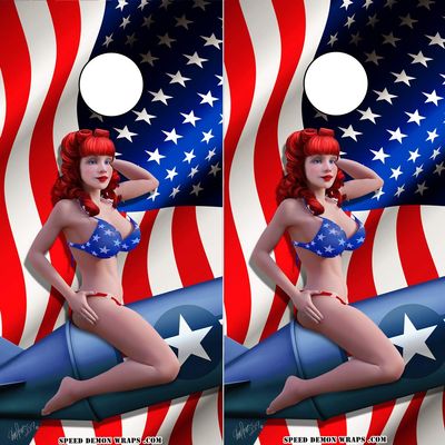 Speed Demon Hot Rod Shop Cornhole Board Wraps ~ Bombshell Betty Cornhole Wraps American Flag Background ~ Laminated Vinyl Graphic Decal Sheets (Set of 2) CHB