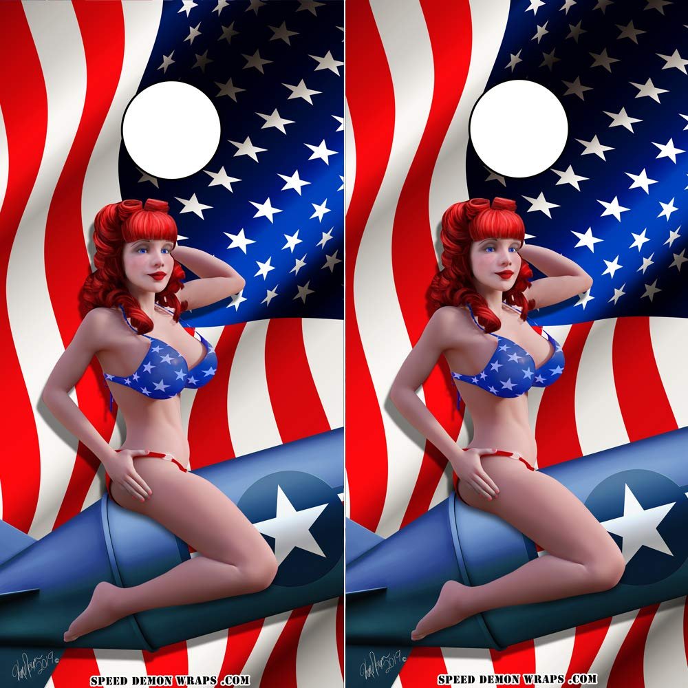 Speed Demon Hot Rod Shop Cornhole Board Wraps ~ Bombshell Betty Cornhole Wraps American Flag Background ~ Laminated Vinyl Graphic Decal Sheets (Set of 2) CHB