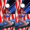 Speed Demon Hot Rod Shop Cornhole Board Wraps ~ Bombshell Betty Cornhole Wraps American Flag Background ~ Laminated Vinyl Graphic Decal Sheets (Set of 2) CHB view 1