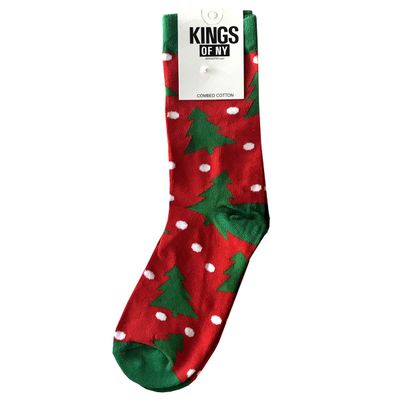Kings Of NY Red Polka Dot Christmas Tree Pattern Mens Cotton Socks