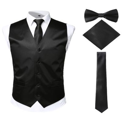 ZEROYAA Men's Solid 4pc Shiny Satin Vest Necktie Bowtie Pocket Square Set for Suit or Tuxedo ZLSV12 Black Large