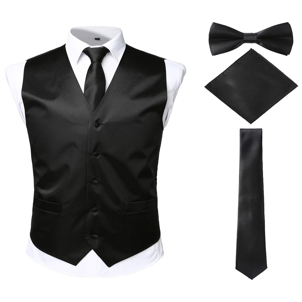 ZEROYAA Men's Solid 4pc Shiny Satin Vest Necktie Bowtie Pocket Square Set for Suit or Tuxedo ZLSV12 Black Large