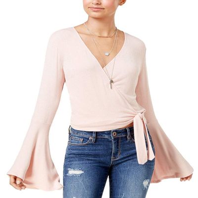American Rag Juniors Tie Front Bell Sleeve Crop Top Fresco Pink M