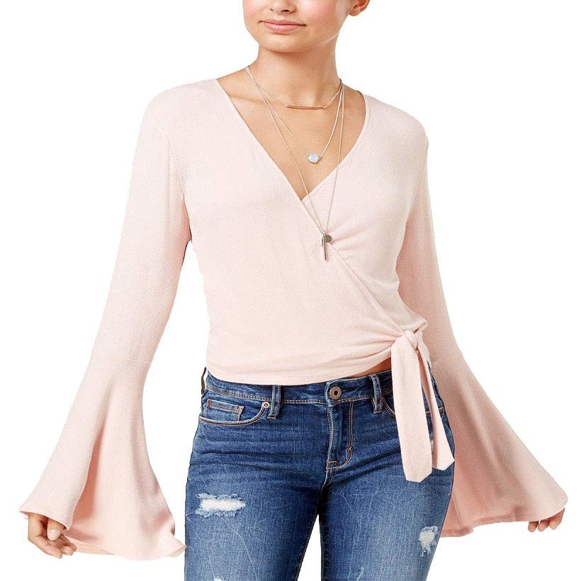 American Rag Juniors Tie Front Bell Sleeve Crop Top Fresco Pink M