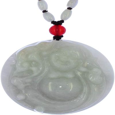 2.1"China Certified Grade A Nature Hisui Jadeite Jade Laughing Buddha Necklace Pendants