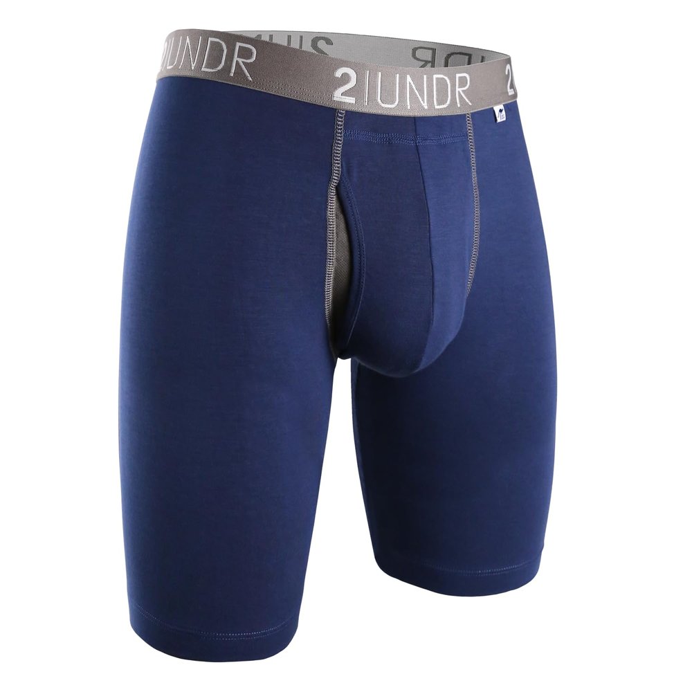 2UNDR Swing Shift 9" Long Leg Boxer Briefs for Men | Mens Pouch Underwear with Patented Joey Pouch | Modal Underwear Men | Moisture Wicking Navy/Grey