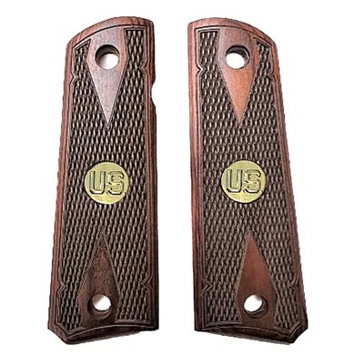 Compatible Replacement for 1911 Colt Full Size Double Diamond Checkered Rosewood Premium Grips w/Gold Tone US Medallions