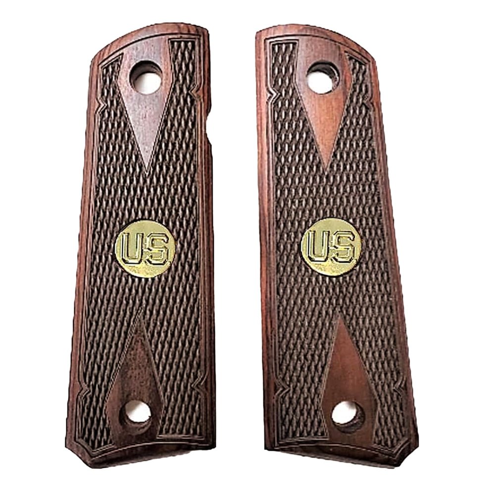 Compatible Replacement for 1911 Colt Full Size Double Diamond Checkered Rosewood Premium Grips w/Gold Tone US Medallions