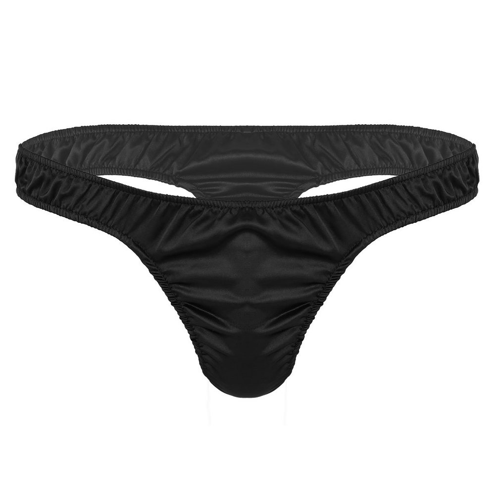 iiniim Mens Sissy Ruffled Sexy T-Back Thongs Ice Silk Low Rise Bikini Briefs Comfort Underwear for Men Black Medium (waist 27.5-42.0")