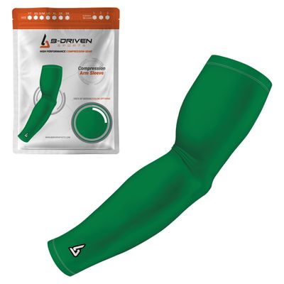 B-Driven Sports Pro-Fit Compression Arm Sleeve - Athletic Sports Support for Baseball, Basketball, Football, Softball, Running, Volleyball, Men, Women, Youth - Green 356 XXX-S (YTH-STD) (1pc)