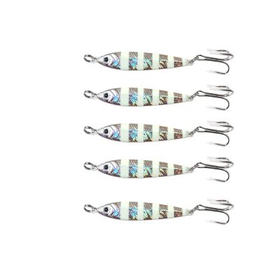 5pcs 1.5oz Fishing Metal Bait Jig 1-1/2oz Mega Live Lure with a Treble Hook - Glow Silver