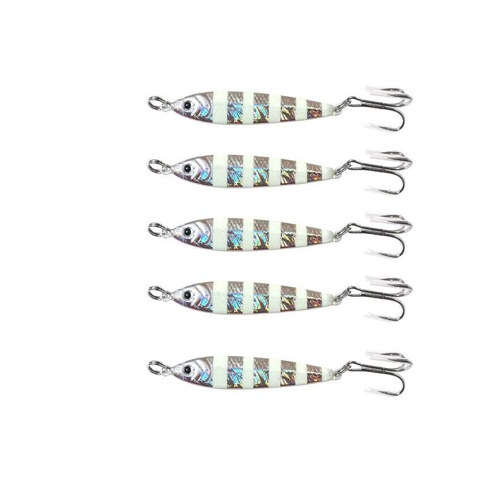 5pcs 1.5oz Fishing Metal Bait Jig 1-1/2oz Mega Live Lure with a Treble Hook - Glow Silver