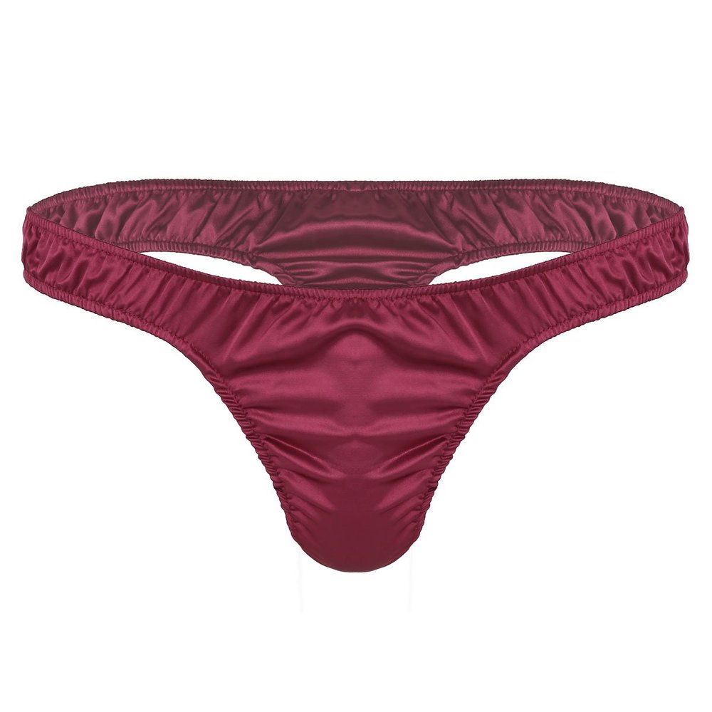 iiniim Mens Sissy Ruffled Sexy T-Back Thongs Ice Silk Low Rise Bikini Briefs Comfort Underwear for Men Wine Red Large (waist 29.0-43.0")