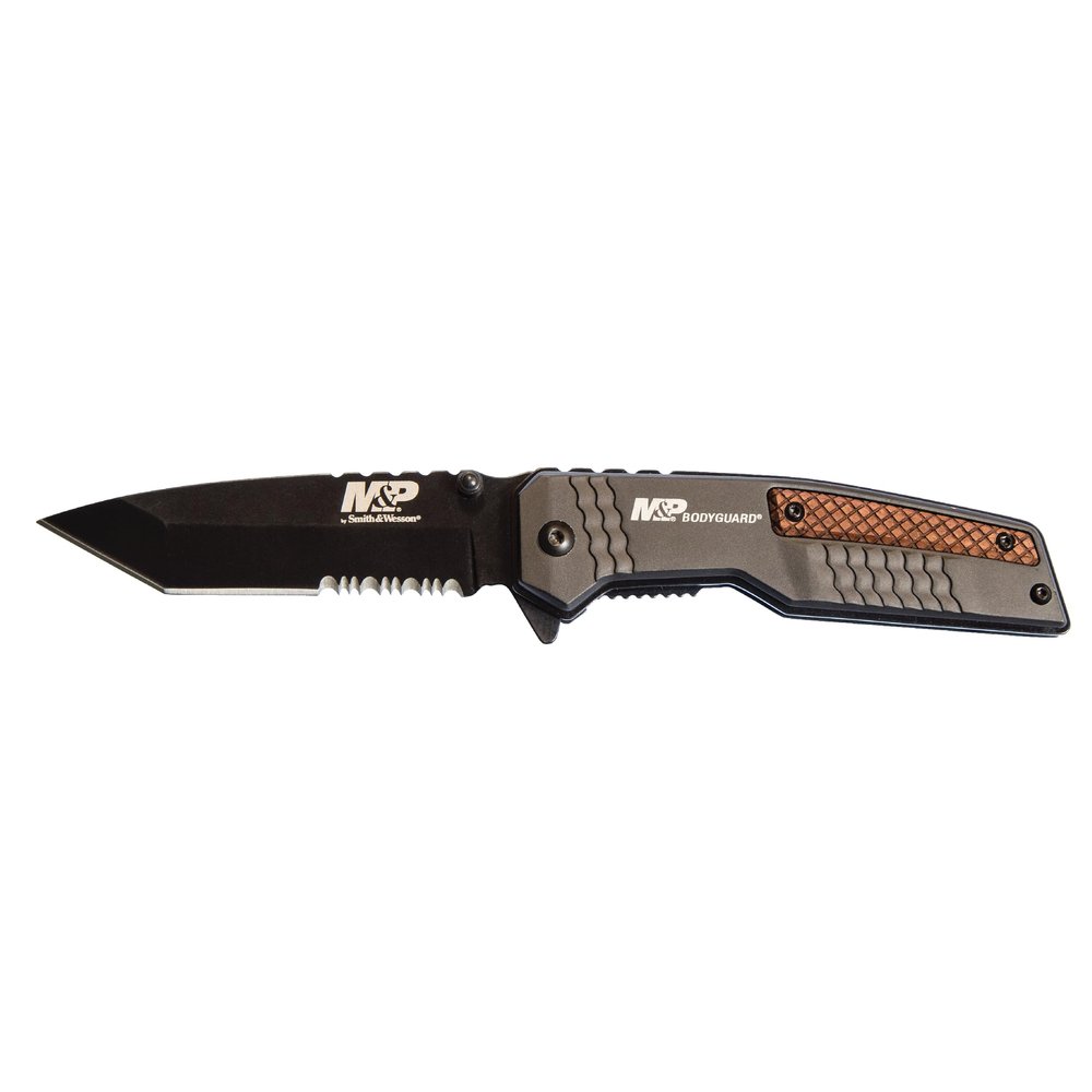 Smith & Wesson M&P Bodyguard 8.07in S.S Folding Knife with 3.5in Serrated Tanto Point Blade and Aluminum Handle for Outdoor, Tactical, Survival and EDC, Black/Wood