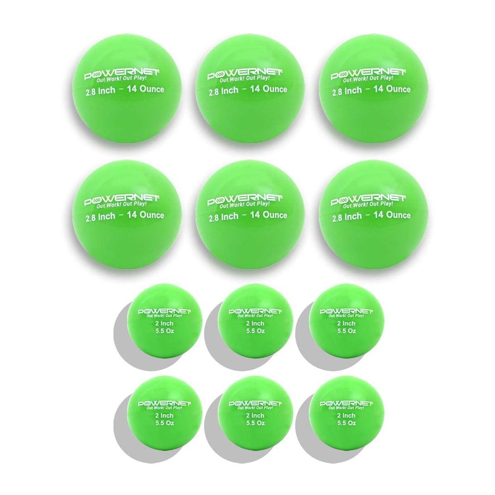 PowerNet Weighted Baseballs for Hitting Training, Baseball Training Equipment for Throwing & Batting, Build Muscle & Strength, 6 PK 2.8" and 6 PK 2" Micro Ball Combo (Green | 14 oz + 5.5 oz)