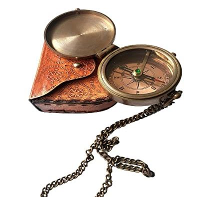 Handmade Engraved Copper Dial Go Confidently in, Compass Nautical Tool Directional Magnetic Pocket Compass Gift for Marine Lover Compass with Leather Case & 14" Inch Chain