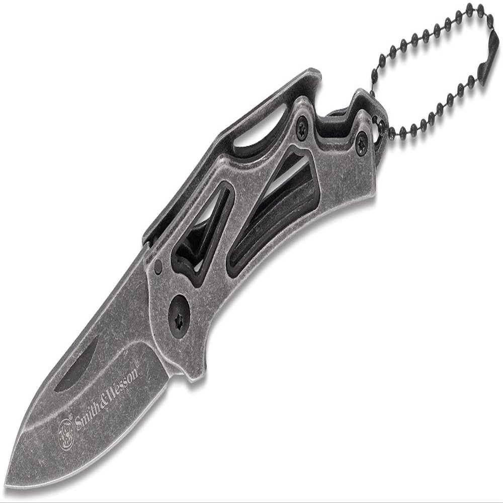 Smith & Wesson Stonewash 5.25in Stainless Steel Folding Knife with 2.25in Drop Point Blade and Handle for Outdoor Survival, Camping and EDC