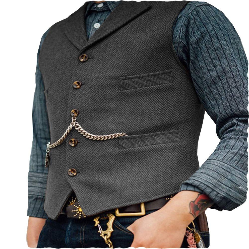 Aesido Formal Men's Vests Slim Fit Soft Wool Tweed Herringbone Business Suit Vest Waistcoat for Wedding Groomsmen(Grey,M)