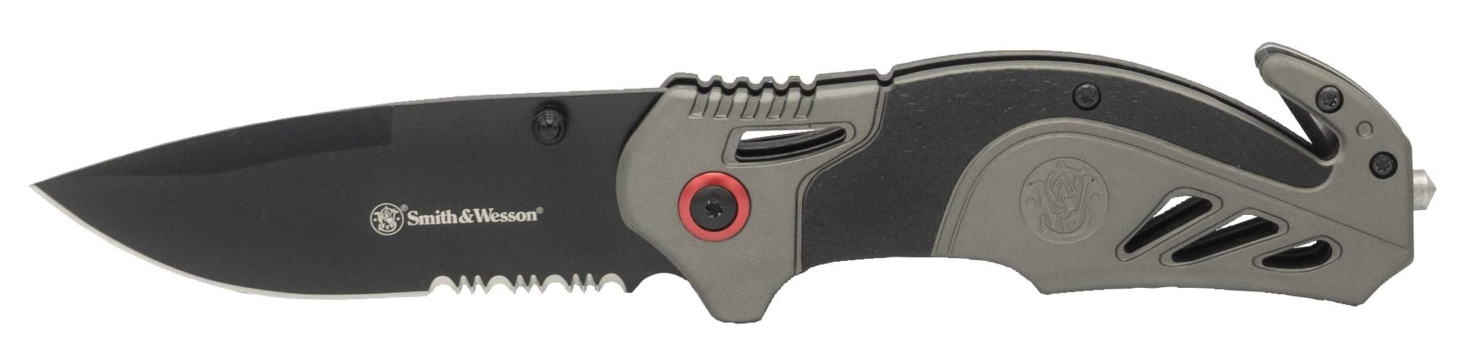 Smith & Wesson 8in High Carbon S.S. Spring Assisted Folding Knife with 3.25in Serrated Drop Point Blade and Rubberized Aluminum Handle for Outdoor Survival and EDC