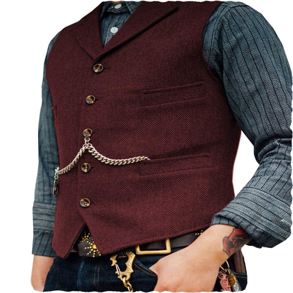 Aesido Formal Men's Vests Slim Fit Soft Wool Tweed Herringbone Business Suit Vest Waistcoat for Wedding Groomsmen(Burgundy,M)