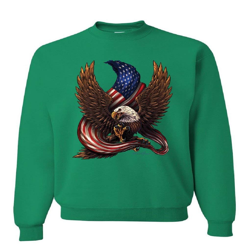 Tee Hunt USA Stars and Stripes Sweatshirt Patriot American Pride Bald Eagle Sweater Green Medium