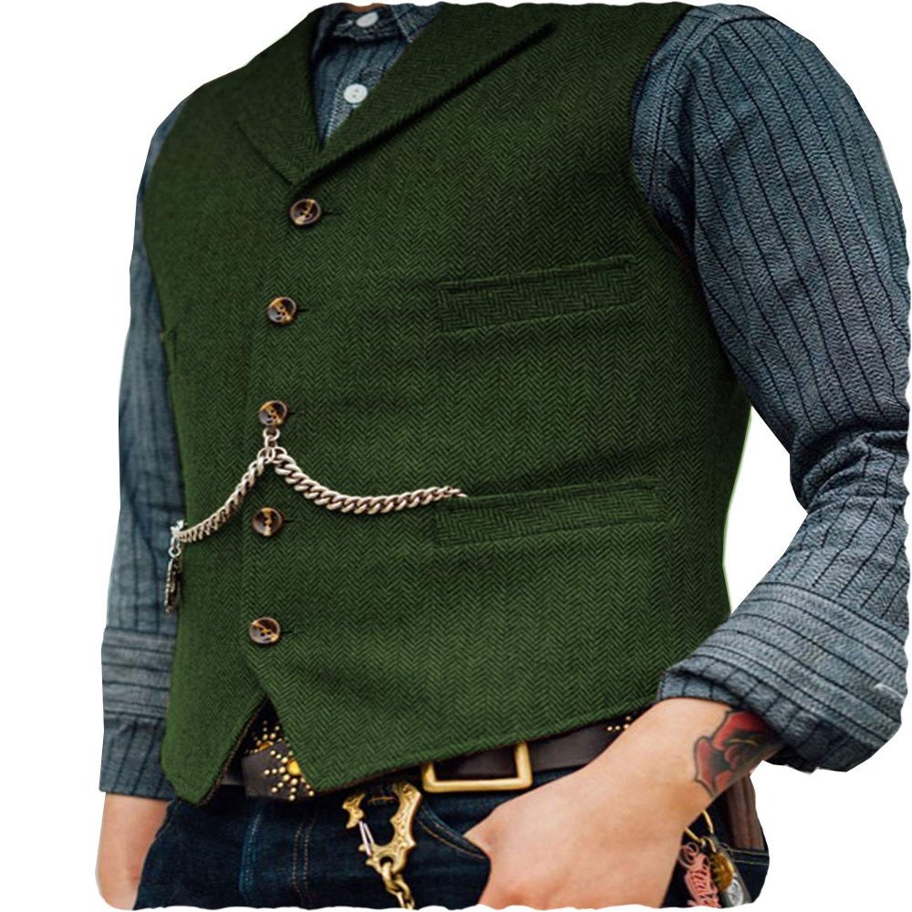 Aesido Formal Men's Vests Slim Fit Soft Wool Tweed Herringbone Business Suit Vest Waistcoat for Wedding Groomsmen(Green,M)