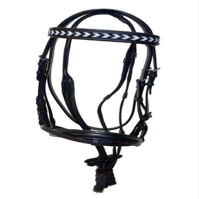 Equitem Black Leather English Pony Size Bridle with Black & White Chevron Beaded Brow with Web Reins