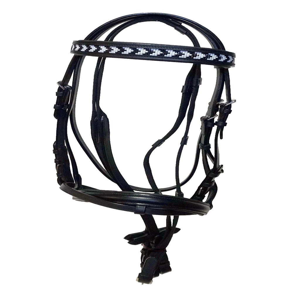 Equitem Black Leather English Pony Size Bridle with Black & White Chevron Beaded Brow with Web Reins