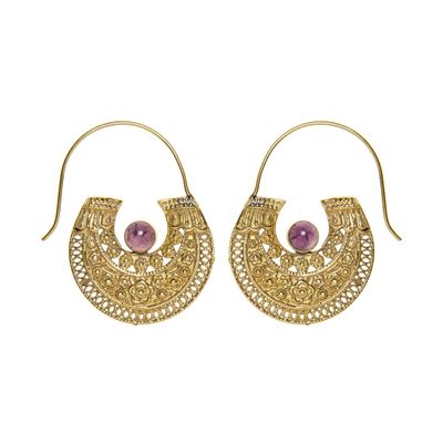 81stgeneration Gold Brass Amethyst Filigree Dot Work Flower Tribal Hoop Earrings