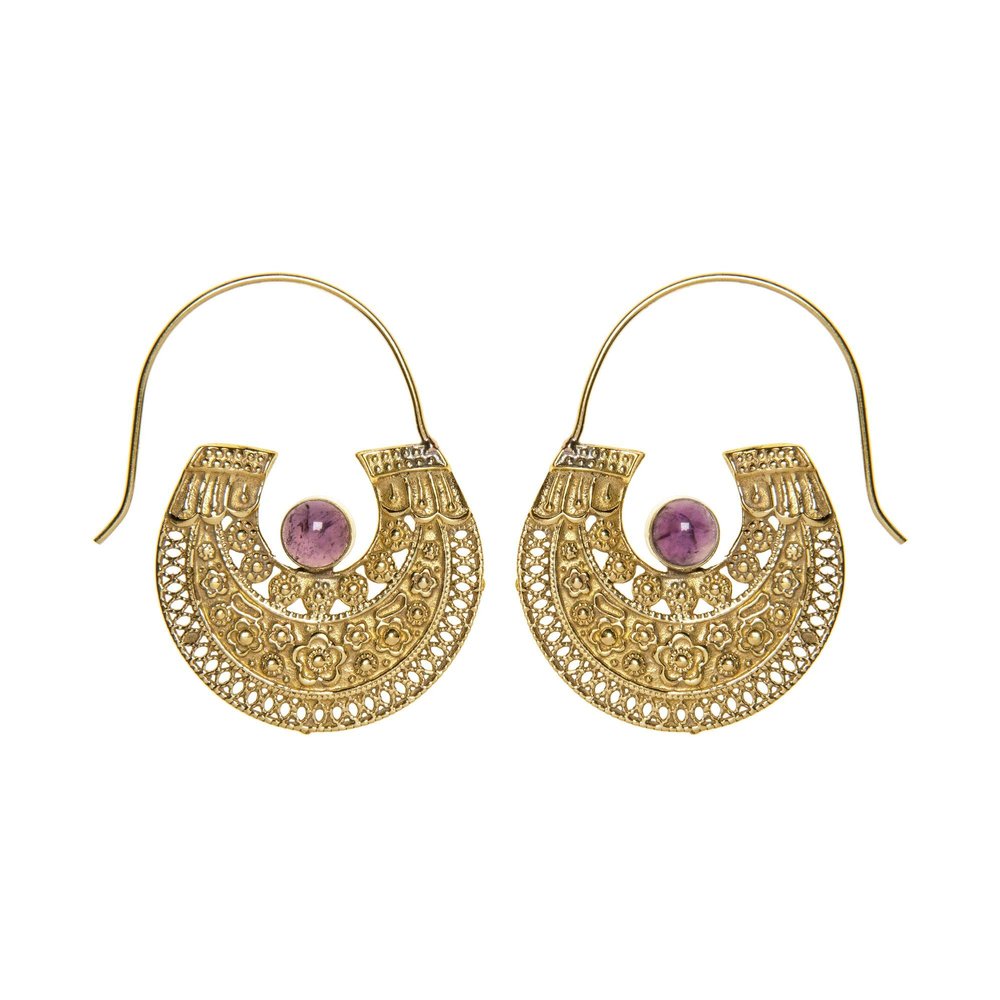 81stgeneration Gold Brass Amethyst Filigree Dot Work Flower Tribal Hoop Earrings