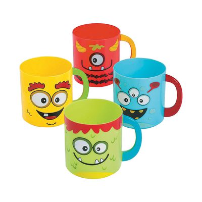 Fun Express 12 Pieces Mini Monster Plastic Mug Cups, Each holds 8 oz, BPA Free Plastic, Birthday Party Supplies, Multi-Color